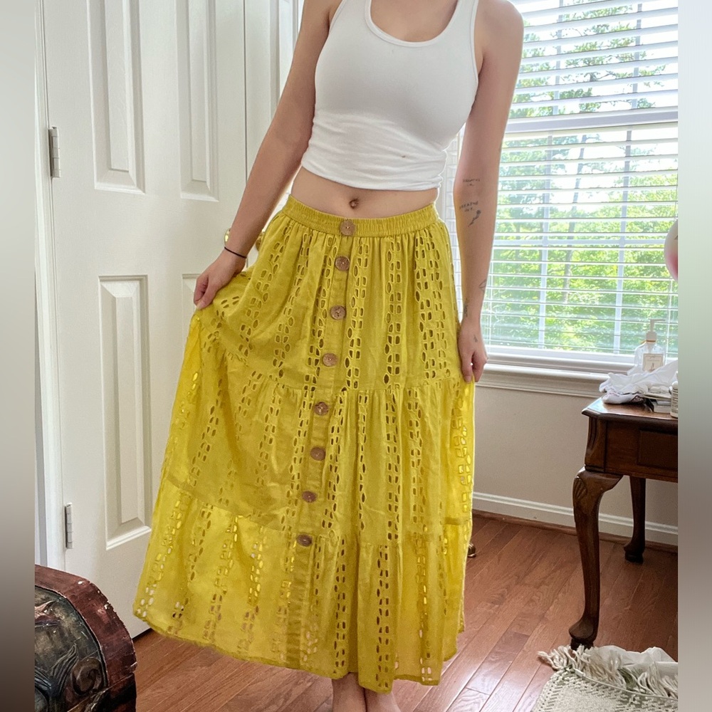 Yellow vintage eyelet linen patterned boho maxi skirt